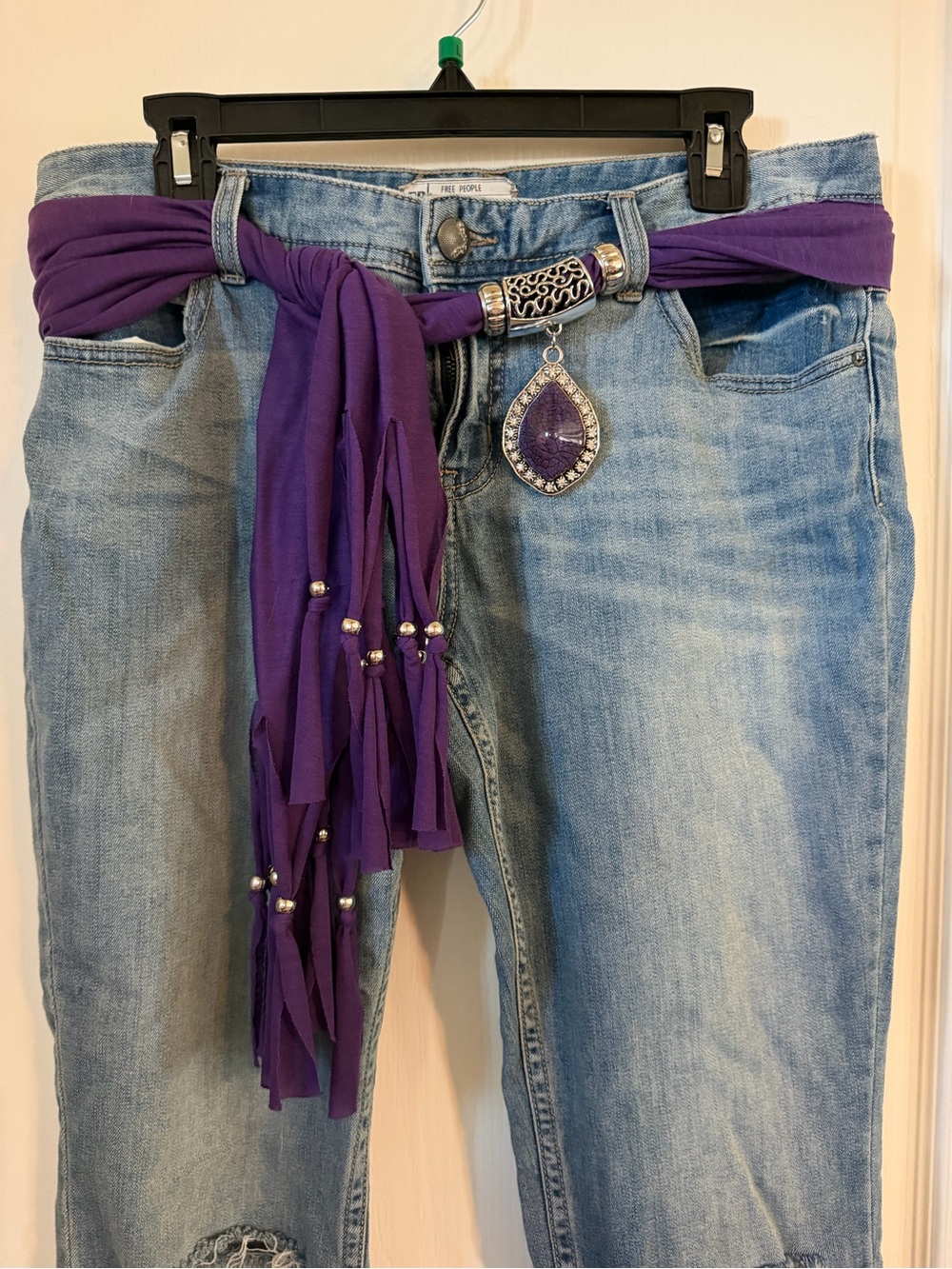 Hand Crafted Grey Boho Scarf/Belt/Wrap w/Beads Fringe Stone Like Pendant OS - Picture 4 of 7